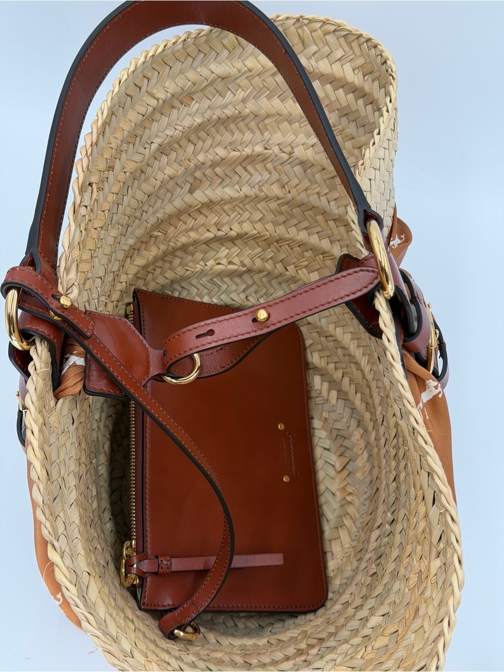 Chloe Panier Raffia Basket Bag Horse Print Silk Scarf & Pouch - Excellent w/COA - Picture 6 of 16